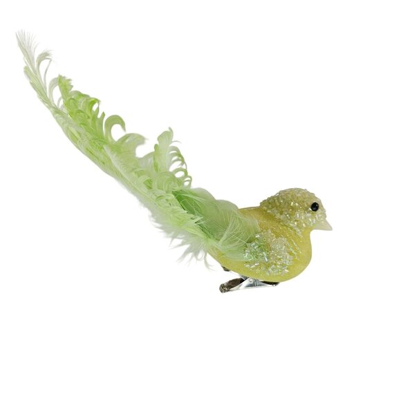 Other - Glittered Green Bird Ornament Beaded Accents Feather Tail Clip-On Decoration